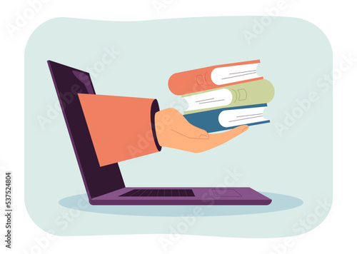 Hand giving stack of paper books from laptop screen. Online learning and knowledge for person flat vector illustration. Education, library concept for banner, website design or landing web page