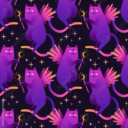Mystical seamless pattern with cartoon shiny cats. Magic characters of cats with stars. Esoteric neon wallpaper. Cute cats with wings for printing on fabric. Vector.
