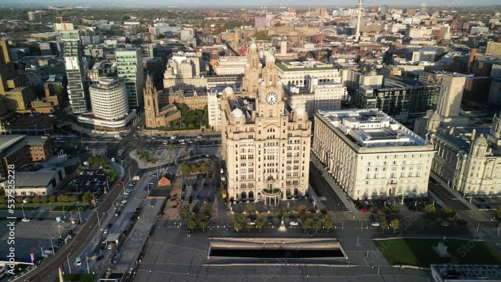 The Liver Building, Liverpool waterfront 10.10.22 - rotate anti-clockwise, tilt forward and move in aerial drone. The Liver Building, Liverpool waterfront 10.10.22 - rotate anti-clockwise, tilt forward and move in aerial drone.