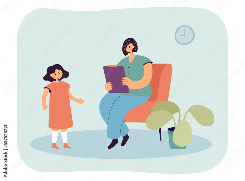 Small patient at doctors consultation in hospital. Girl standing near female pediatrician sitting in chair flat vector illustration. Medicine concept for banner, website design or landing web page Small patient at doctors consultation in hospital. Girl standing near female pediatrician sitting in chair flat vector illustration. Medicine concept for banner, website design or landing web page