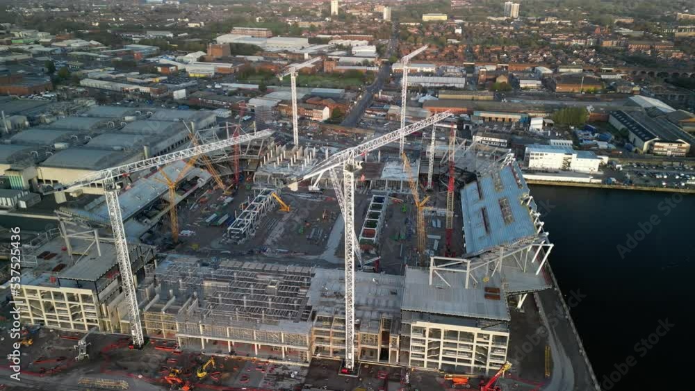 Everton new stadium build in progress, Liverpool waterfront 10.10.22 - clockwise aerial drone pan, view north to east. Everton new stadium build in progress, Liverpool waterfront 10.10.22 - clockwise aerial drone pan, view north to east.