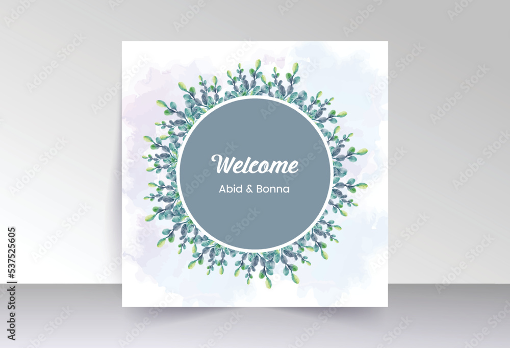 Round wild blue and yellow leaves flower bouquet welcome card