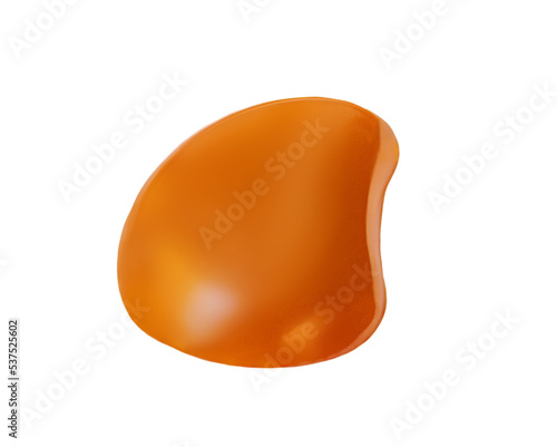 Melting caramel sauce flowing isolated on white background. Caramel drop Top view. Flat lay.