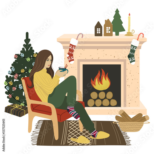 Nice relaxed girl sitting in a chair with a cup of cocoa. The spirit of a hugge with a fireplace. Concept Christmas interior vector illustration isolated on white
