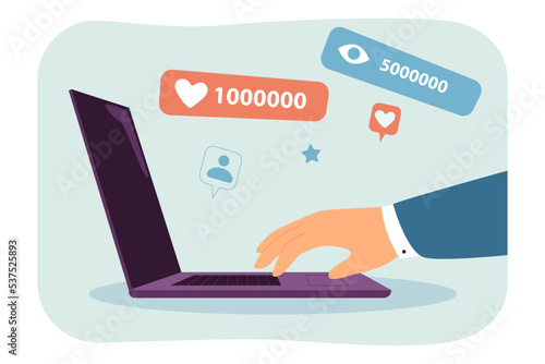 Hand of blogger using laptop for communication with community. Blog with 1 and 5 million likes and views flat vector illustration. Social media concept for banner, website design or landing web page