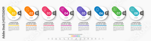 Vector line infographics with 8 circles. Business concept graphic process template with eight steps. Graphic timeline for app, website, interface, chart, levels, web, diagram, banner, presentations