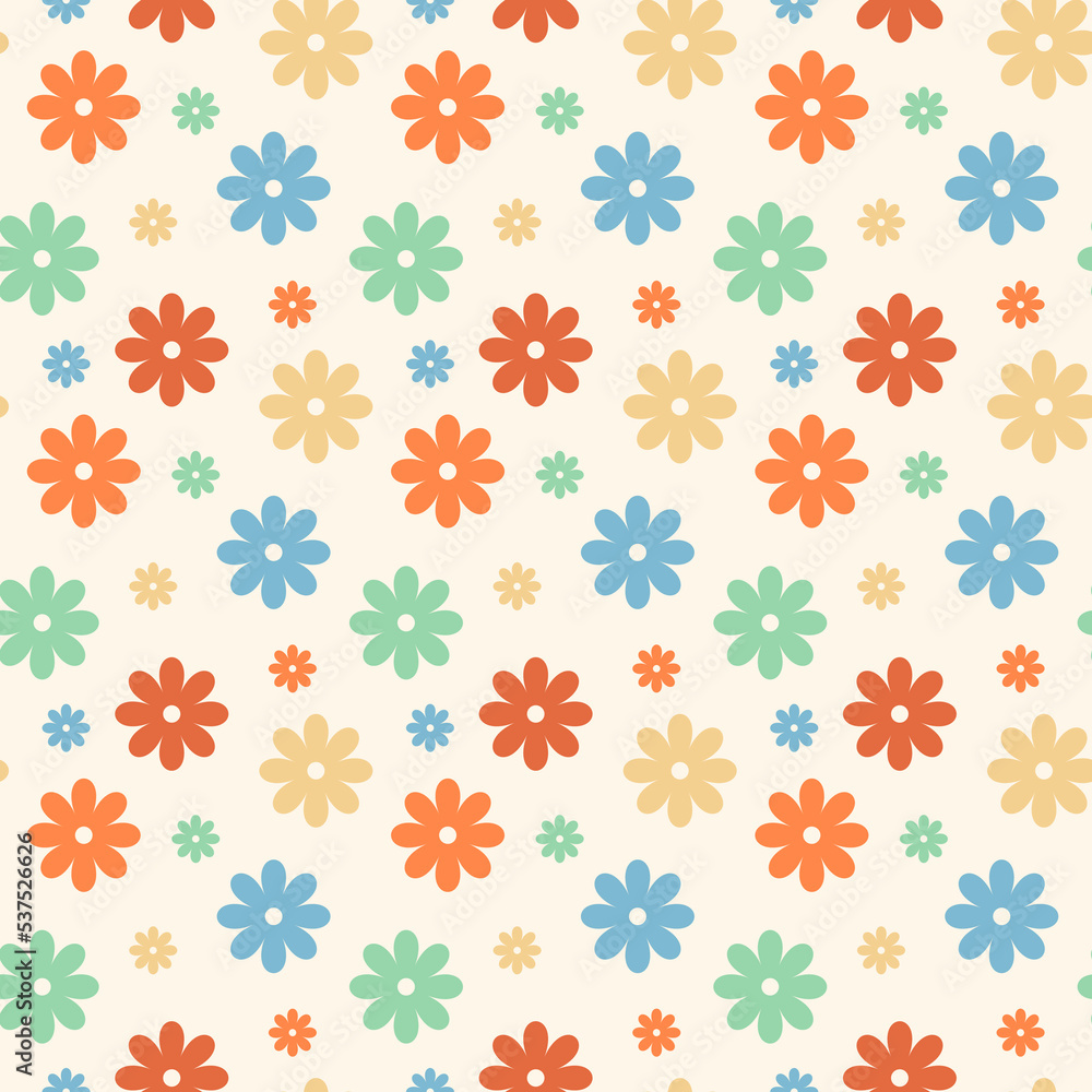 Retro groovy daisy seamless pattern on beige . 70s vibes floral background for bedclothes or kids textile design Retro groovy daisy seamless pattern on beige . 70s vibes floral background for bedclothes or kids textile design