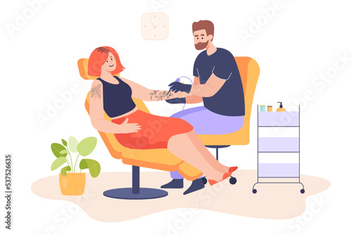 Male tattooist doing tattoo on woman. Female person getting tattooed by tattoo artist or tattooer flat vector illustration. Tattoo salon concept for banner, website design or landing web page