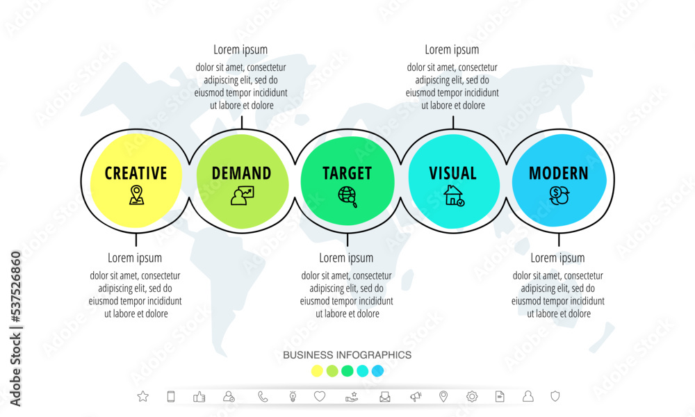 Business vector infographics with five circles. Hand drawn timeline visualization with 5 steps for diagram, flowchart, banner, presentations, web, content, levels, chart, graphic