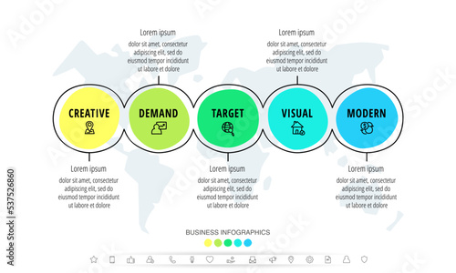Business vector infographics with five circles. Hand drawn timeline visualization with 5 steps for diagram, flowchart, banner, presentations, web, content, levels, chart, graphic