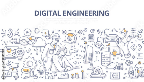 Digital engineering. Engineers are creating digital virtual models in advance of constructing physical objects. Doodle vector illustration