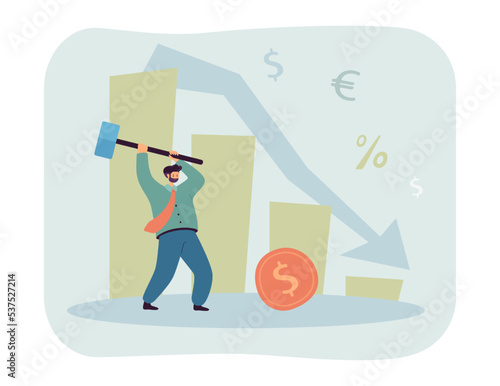 Tiny businessman breaking dollar coin with hammer. Angry person over down arrow of stock market chart flat vector illustration. Crisis, reduction concept for banner, website design or landing web page