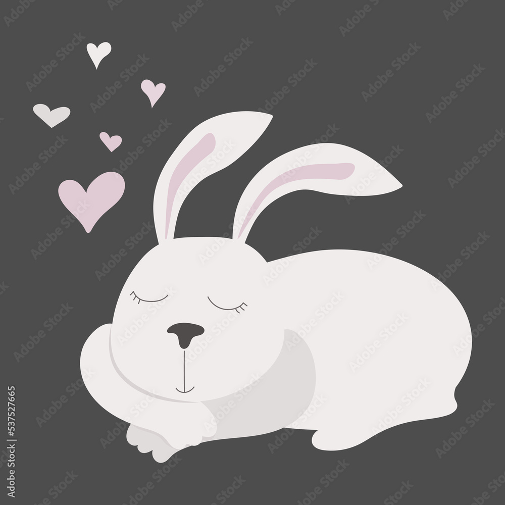 A white hare or rabbit in love sleeps on a gray background.. Vector illustration of the symbol of 2023. A white hare or rabbit in love sleeps on a gray background.. Vector illustration of the symbol of 2023.
