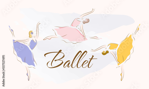 Ballerinas in ballet tutus and pointe on white background. Dancers in beautiful poses. Ballet. Concept banner design template.	
