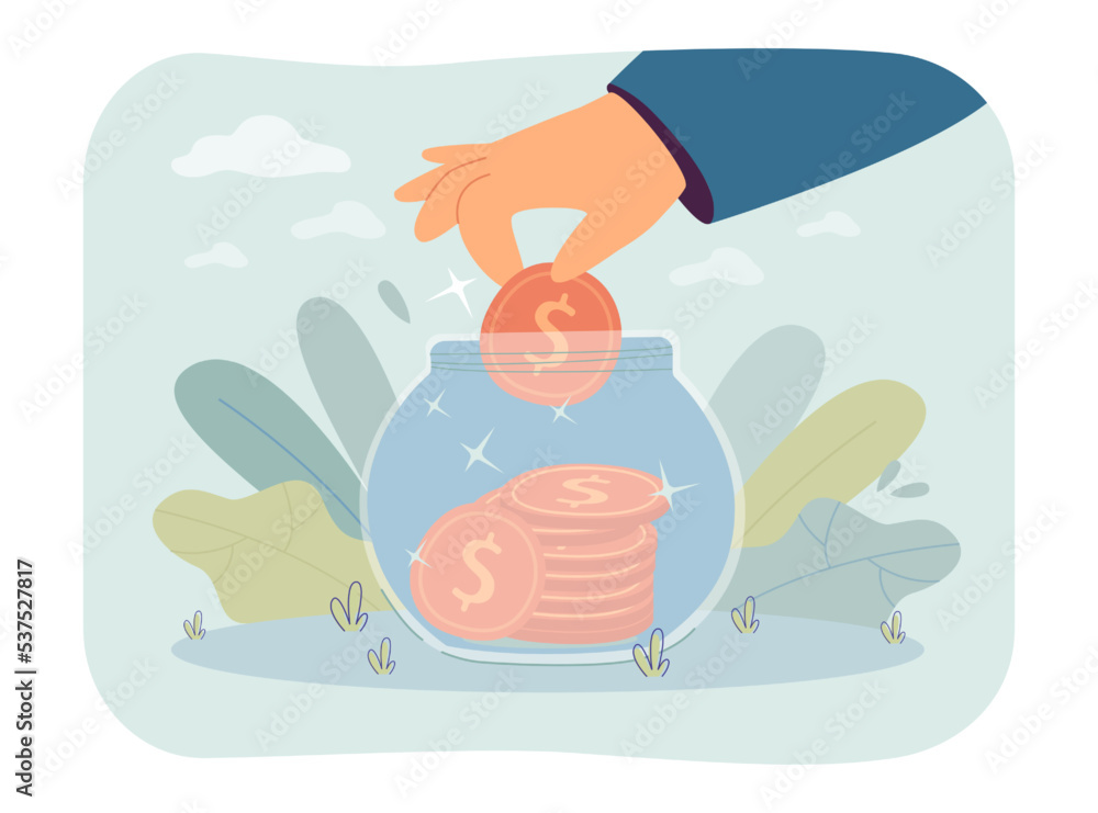 Hand putting dollar coin in glass jar. Bank investing and saving by person flat vector illustration. Money management, retirement, dividend concept for banner, website design or landing web page Hand putting dollar coin in glass jar. Bank investing and saving by person flat vector illustration. Money management, retirement, dividend concept for banner, website design or landing web page