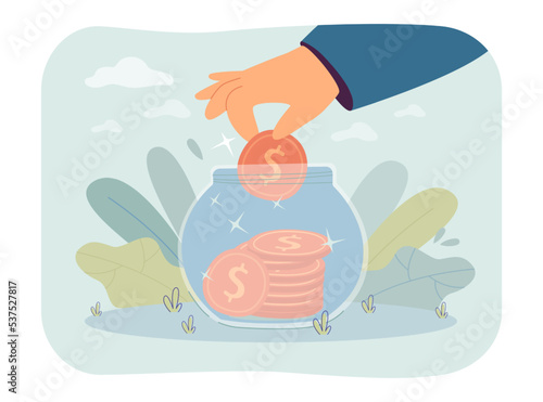 Hand putting dollar coin in glass jar. Bank investing and saving by person flat vector illustration. Money management, retirement, dividend concept for banner, website design or landing web page
