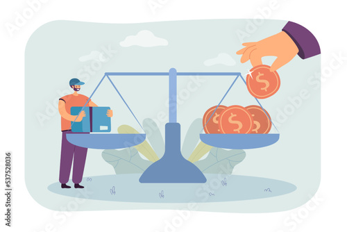 Tiny postal worker measuring cost of parcel. Hand of person putting money on scale flat vector illustration. Delivery service, finance, price concept for banner, website design or landing web page
