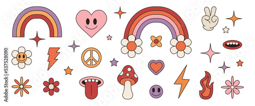 Set of Retro groovy element. Cartoon rainbow, daisy flowers, stars, mushroom, peace sign, heart, ect.