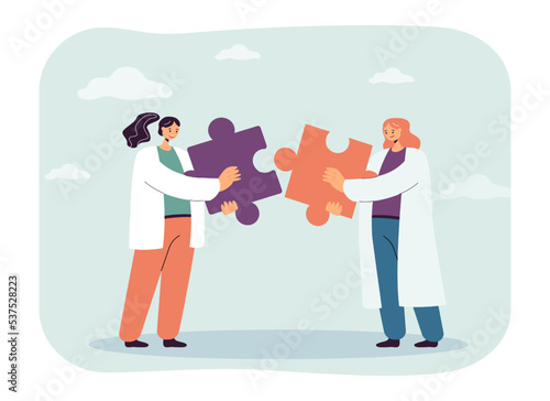 Team of doctors holding puzzle pieces. Work of tiny female medical workers on diagnosis and treatment flat vector illustration. Healthcare concept for banner, website design or landing web page