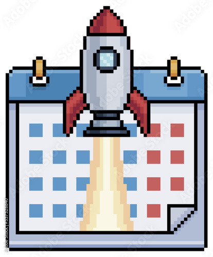 Pixel art calendar with rocket taking off vector icon for 8bit game on white background