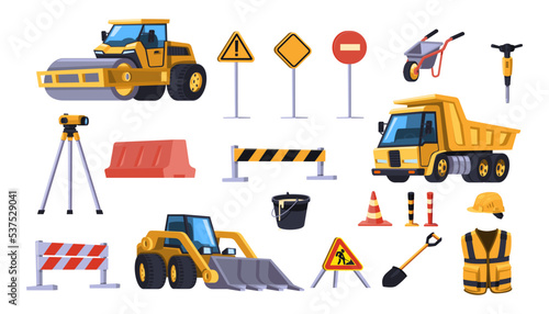 Construction equipment set. Vector illustrations of elements for engineering. Cartoon traffic cone and road barrier, safety vest and sign, bulldozer isolated on white. Machinery, building work concept