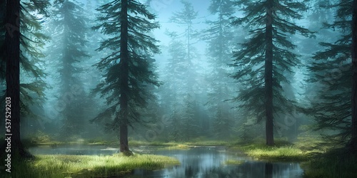 Summer landscape of a coniferous forest near the water