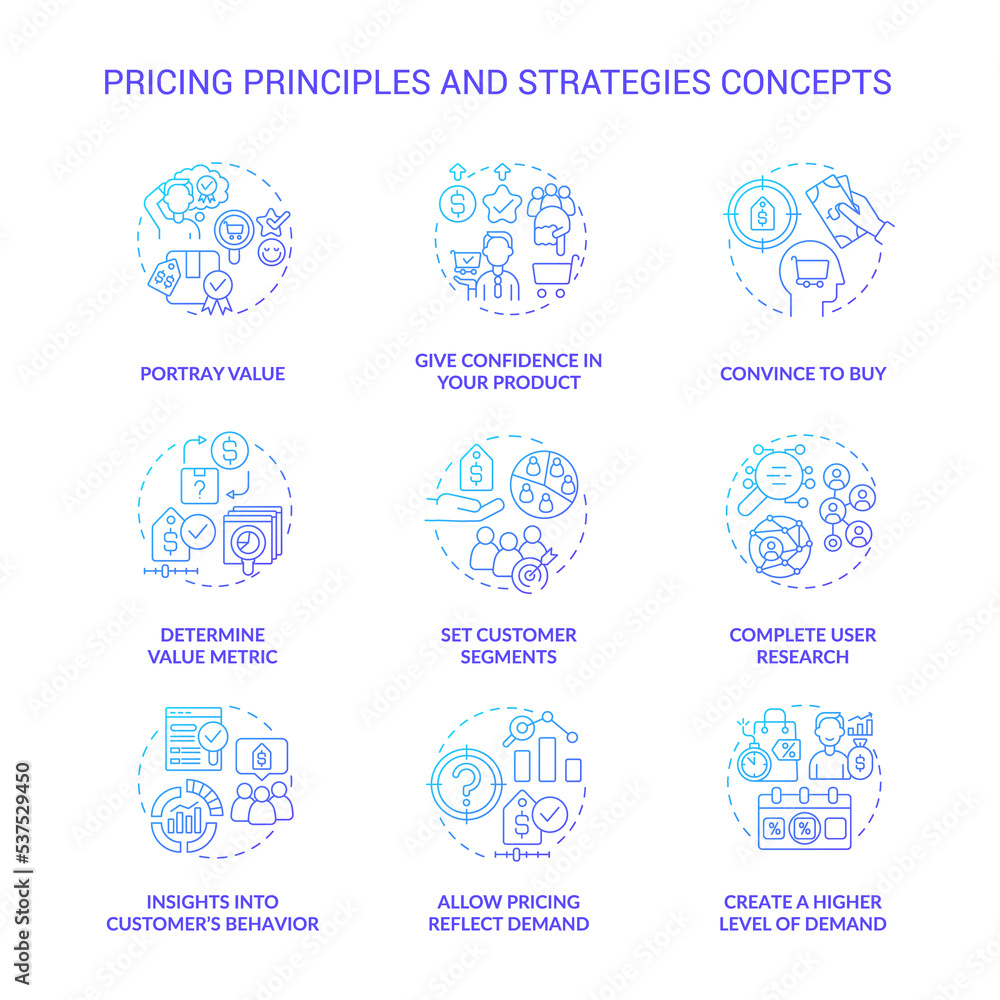 Pricing principles and strategies blue gradient concept icons set. Set customer segments idea thin line color illustrations. Isolated outline drawings