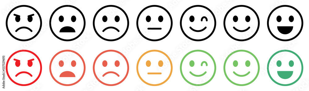 Set of emoticons with different moods. Bad, awful, normal, good, excellent. Emoji faces collection. Set of emoticons with different moods. Bad, awful, normal, good, excellent. Emoji faces collection.
