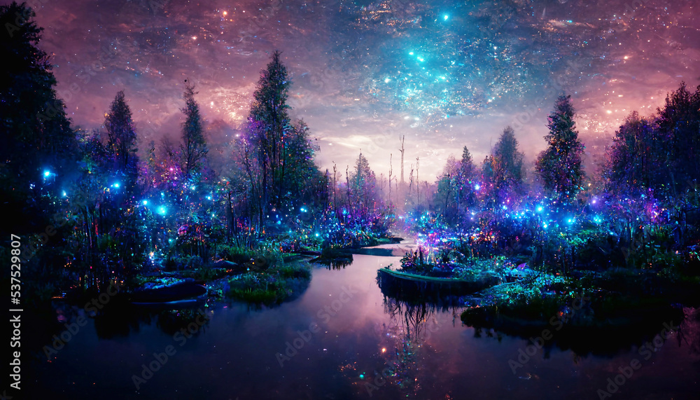 Night magical fantasy forest, illustration. Forest landscape, neon
