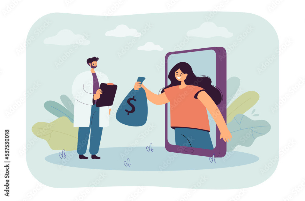 Obraz premium Woman on phone screen giving bag of money to doctor. Online payment for medical services from person flat vector illustration. Internet, medicine concept for banner, website design or landing web page