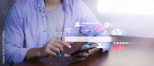 Search engine optimization, SEO, Searching Browsing Internet Data Information Networking Concept, Businessman use smartphone for find data on networking, copy space.