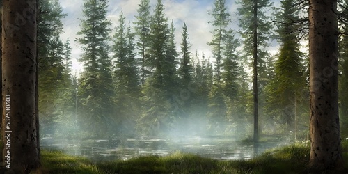 Summer landscape of a coniferous forest near the water