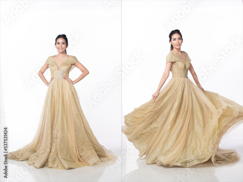 Quadro em tela Princess wear Gold glitter Evening Gown ball dress and spin fluttering throw skirt gown around in air