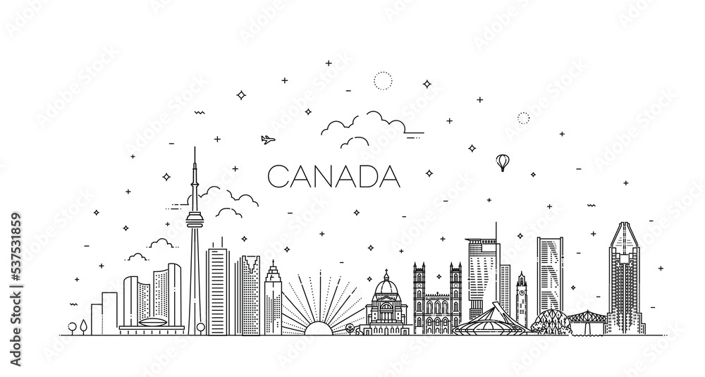 Canada architecture line skyline illustration. famous landmarks. Montreal and Toronto