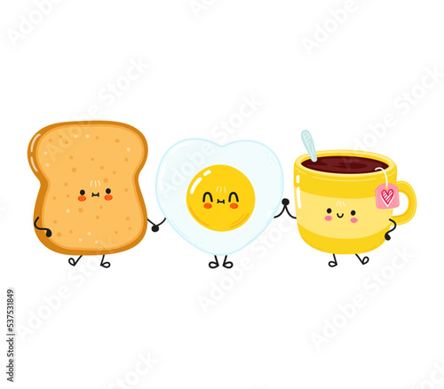Cute happy toast cup of tea and fried egg card. Vector hand drawn doodle style cartoon character illustration icon design. Happy toast cup of tea and fried egg friends concept card
