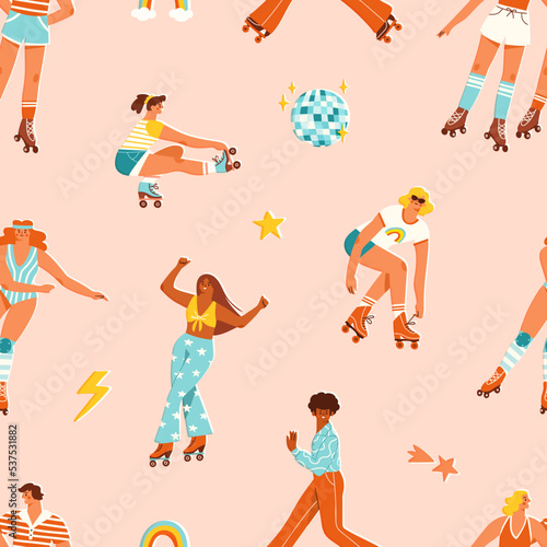 Seamless pattern with retro style roller skaters. Vector illustration of young men and women wearing quad skates. Roller disco concept in colorful flat style.
