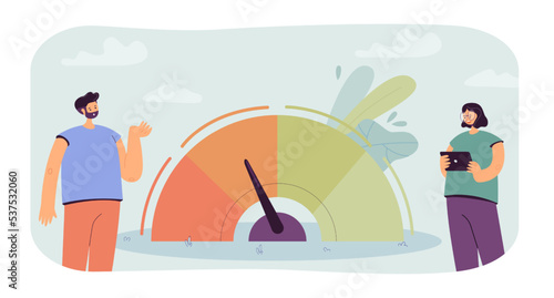 People using level meter with arrow to measure. Gauge needle in orange zone for tiny man and woman flat vector illustration. Risk, indicator concept for banner, website design or landing web page