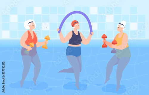 Senior women exercising with dumbbells in swimming pool. Aged persons doing exercises in water flat vector illustration. Hydrotherapy, holiday, old age concept for banner or landing web page