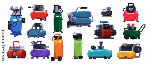 Air compressors set. Vector illustrations of pneumatic equipment for construction works. Cartoon machines with pump, tank of gas under pressure, rotary engine isolated on white. Duct system concept