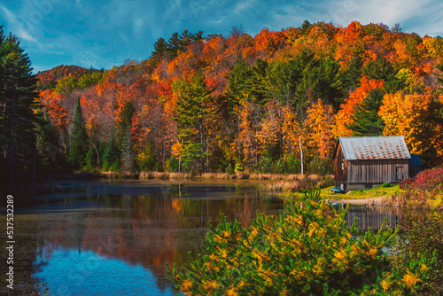 Serene and beautiful scenics and scenery landscapes from rural Ontario during the fall and autumn season of October, featuring outbuildings, churches and barns. photo
