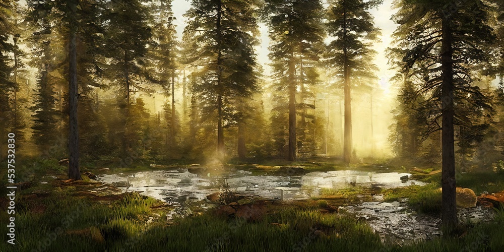 Summer landscape of a coniferous forest near the water