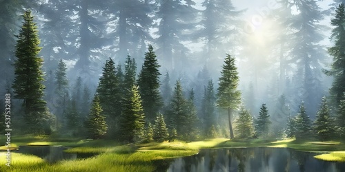 Summer landscape of a coniferous forest near the water