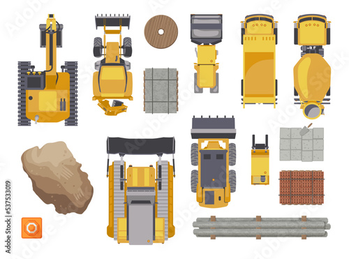 Top view of vehicles for construction vector illustrations set. Collection of drawings of yellow tractor, bulldozer, truck, digger isolated on white background. Heavy machinery, construction concept