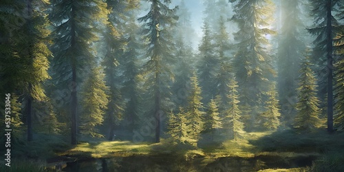 Summer landscape of a coniferous forest near the water © Korney