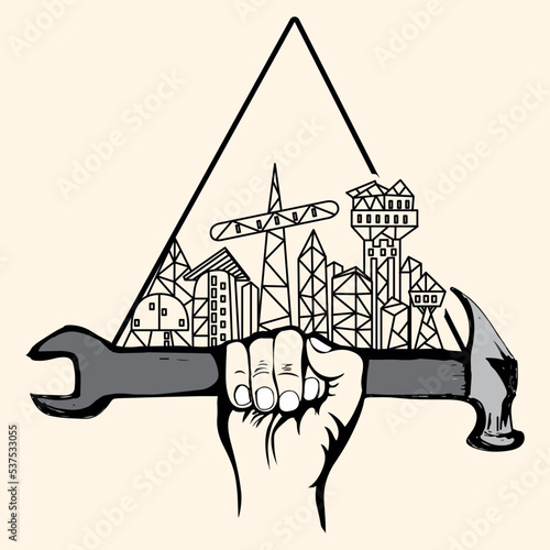 Hand holding hammer and wrench symbol with abstract futuristic building on hand concept 