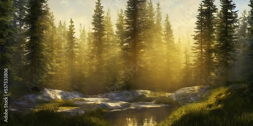 Summer landscape of a coniferous forest near the water