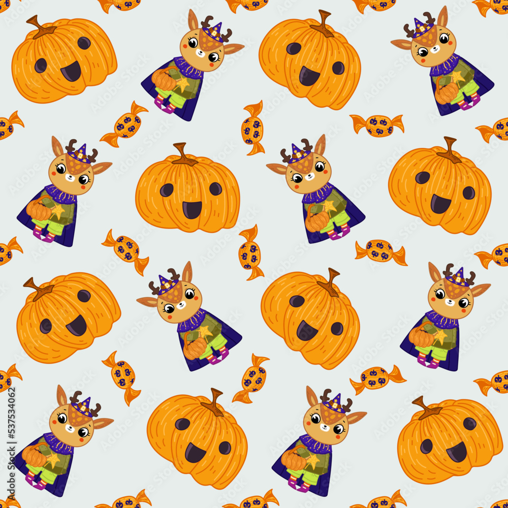 Halloween seamless pattern background design with pumpkin lantern, deer in witch costume,candies, and other scary or festive elements on light gray background. Halloween seamless pattern background design with pumpkin lantern, deer in witch costume,candies, and other scary or festive elements on light gray background.