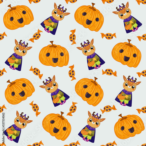 Halloween seamless pattern background design with pumpkin lantern, deer in witch costume,candies, and other scary or festive elements on light gray background.