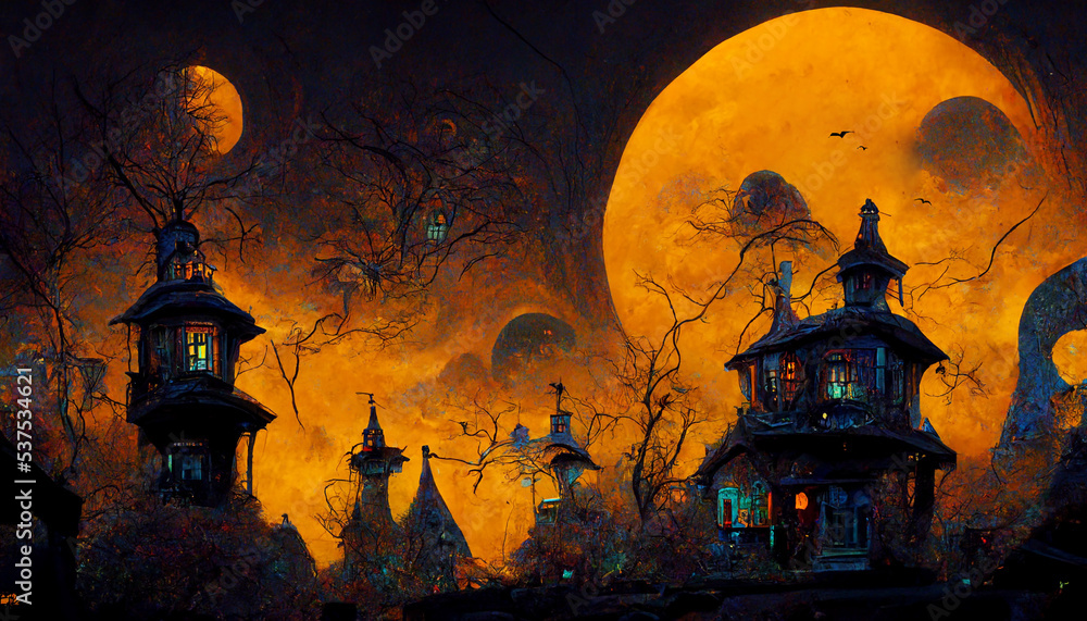 Illustration of a Horror halloween  haunted old house in creepy spooky Night forest with dead trees.