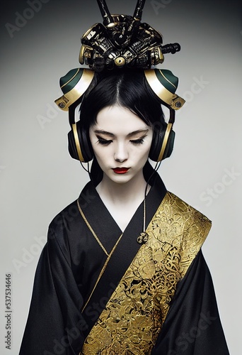 Obraz na plátne A young beautiful geisha in a kimono and headphones